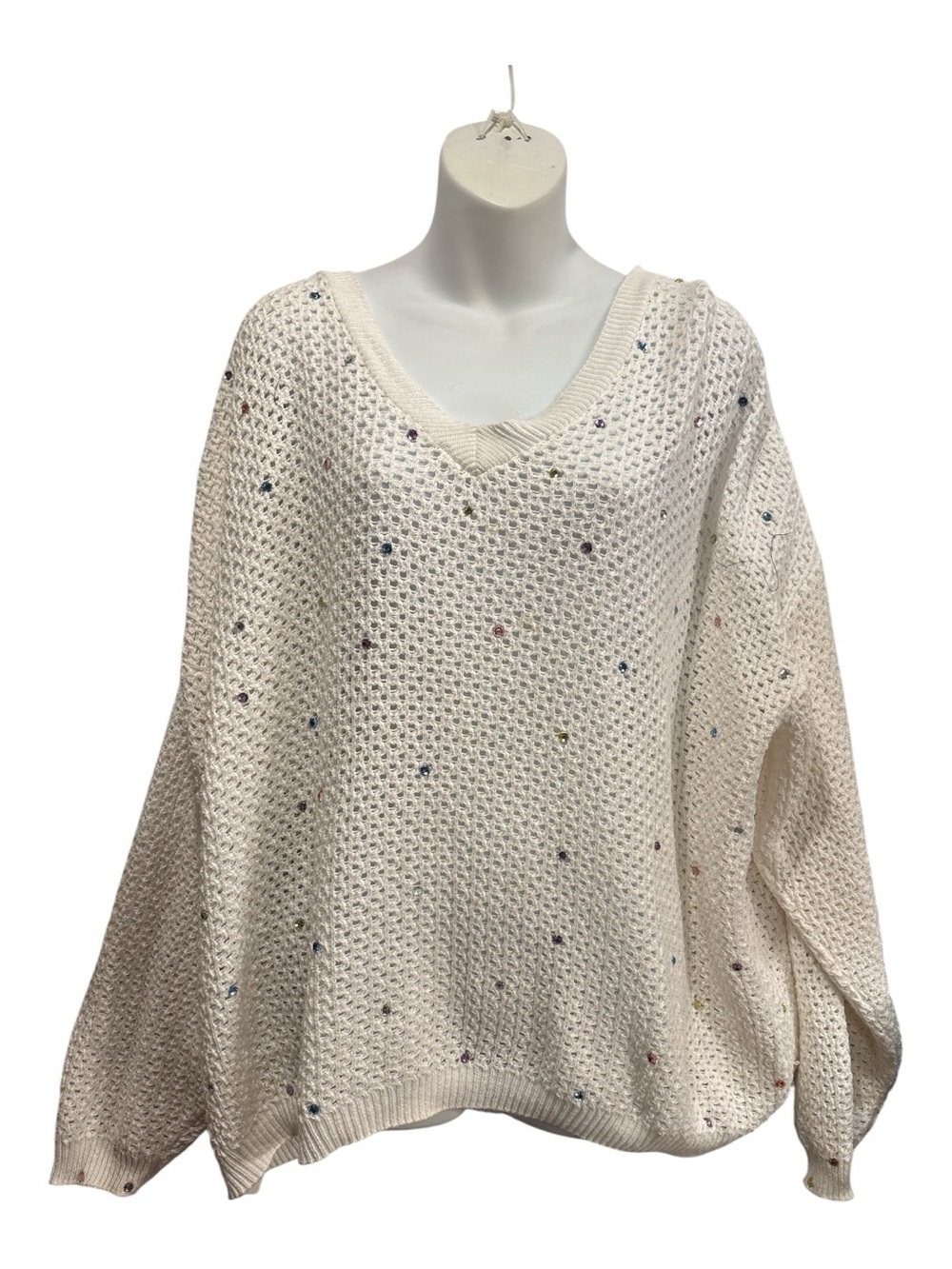 White V-Neck Open Knit Cotton Sweater with Multicolor Flecks size XL